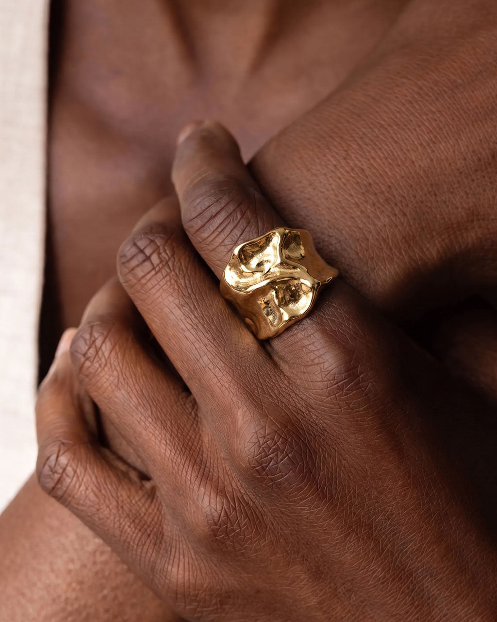 Hammered Organic Open Wide Band Waterproof Gold Ring