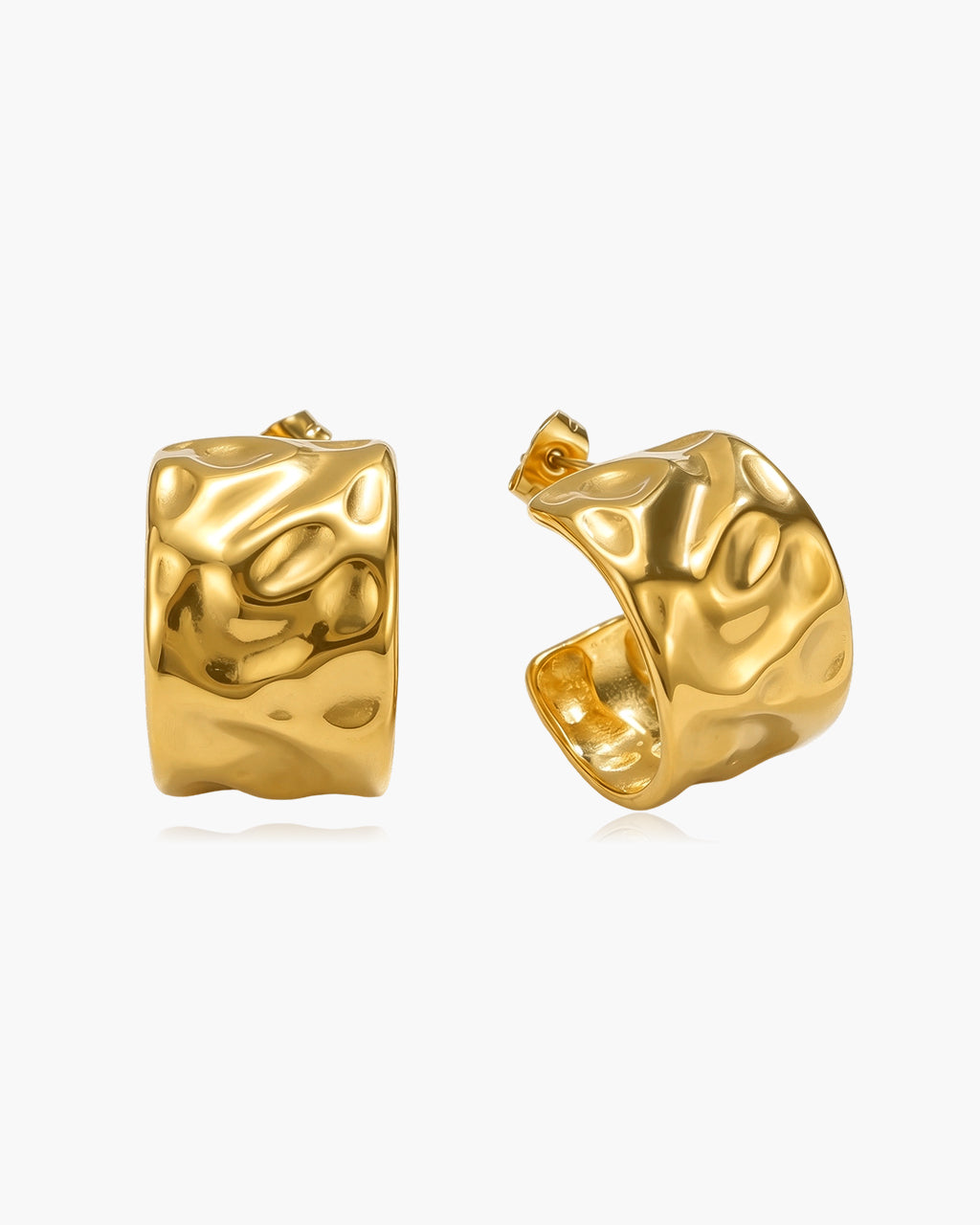 Hammered Wide Open C Hoop Waterproof Gold Earrings