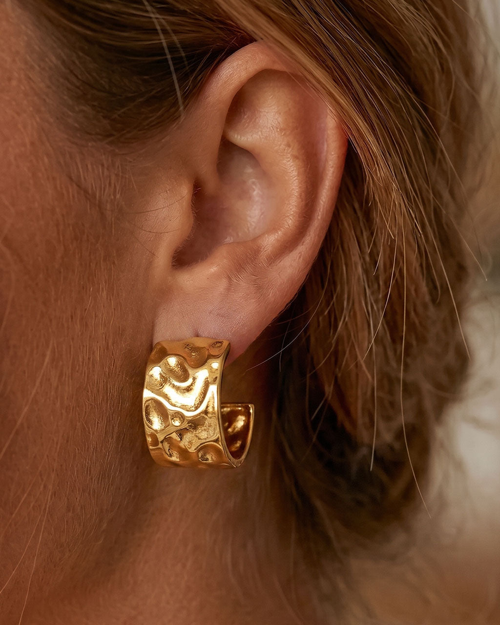 Hammered Wide Open C Hoop Waterproof Gold Earrings