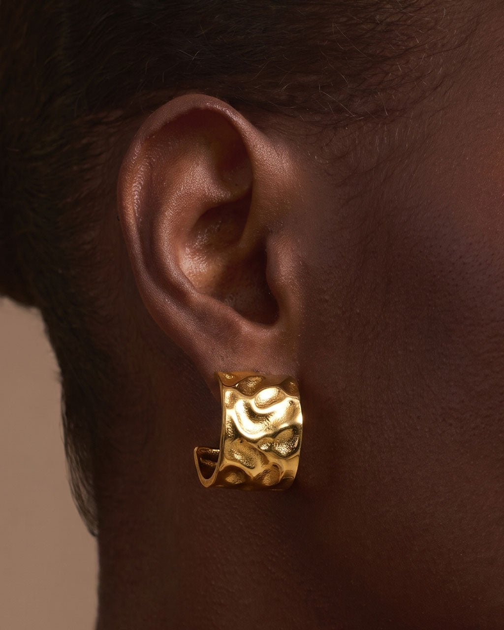 Hammered Wide Open C Hoop Waterproof Gold Earrings