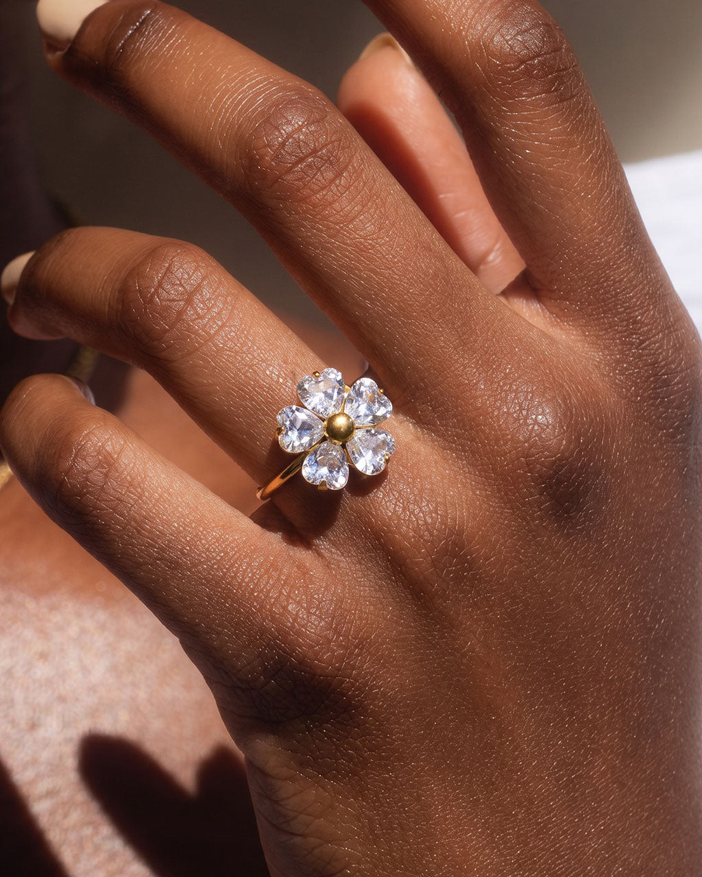 Heart Cut Stone Flower Adjustable Waterproof Gold Ring