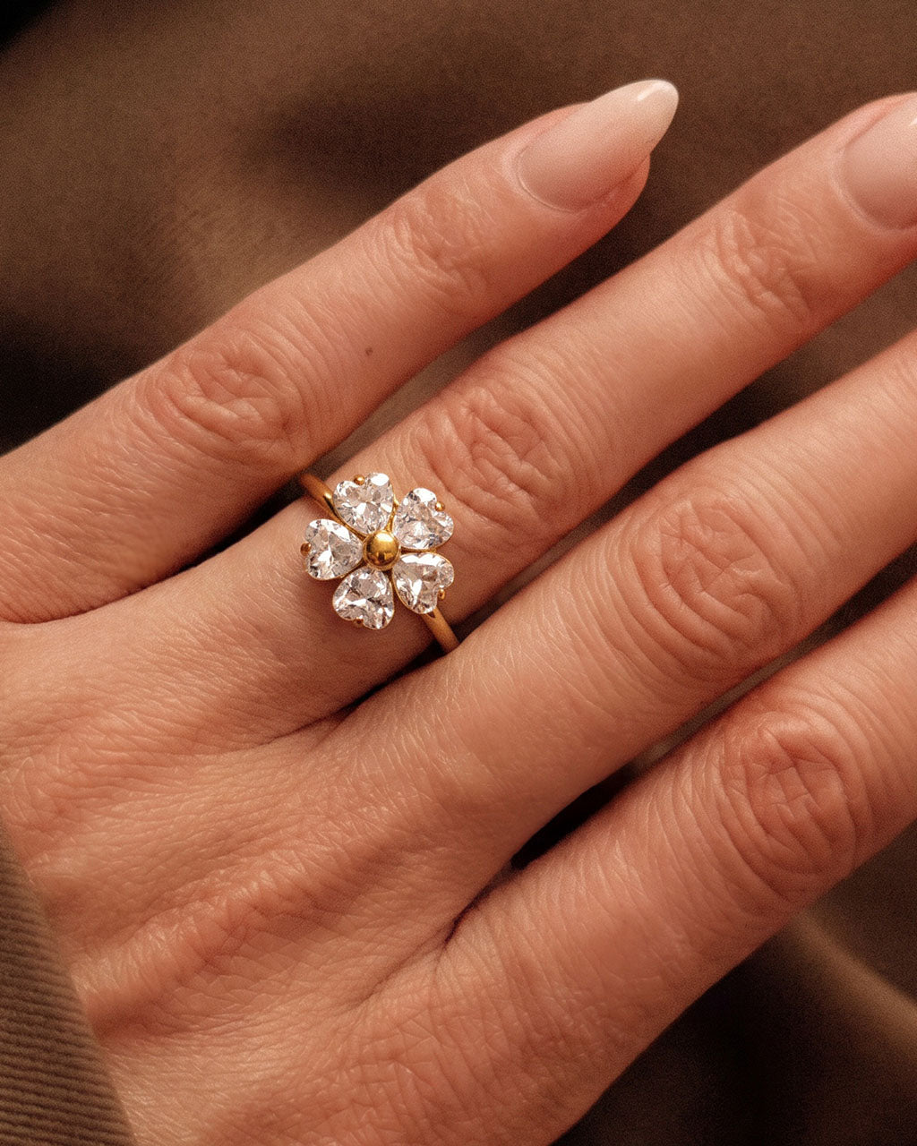 Heart Cut Stone Flower Adjustable Waterproof Gold Ring