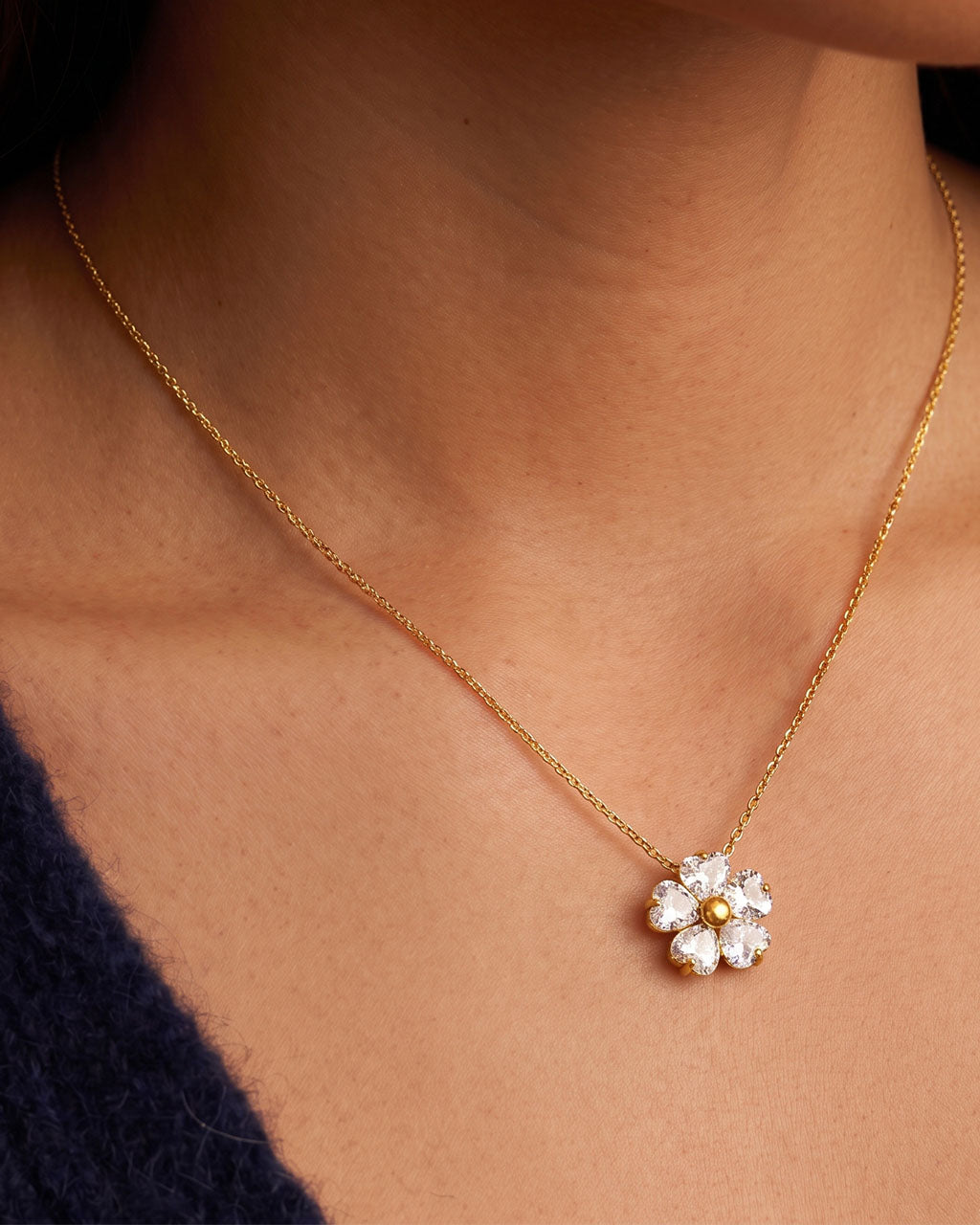 Heart Cut Stone Flower Charm Waterproof Gold Necklace