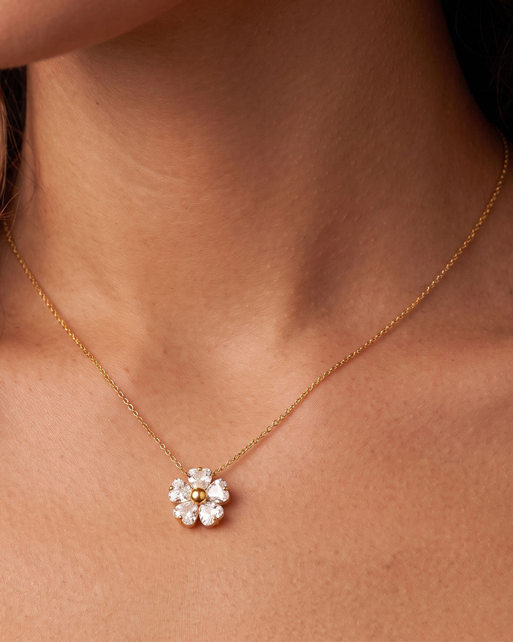 Heart Cut Stone Flower Charm Waterproof Gold Necklace