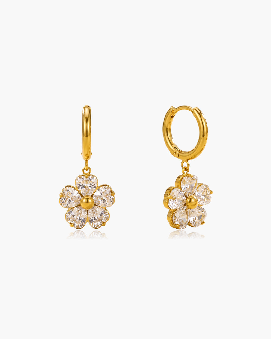 Heart Cut Stone Flower Huggie Waterproof Gold Earrings