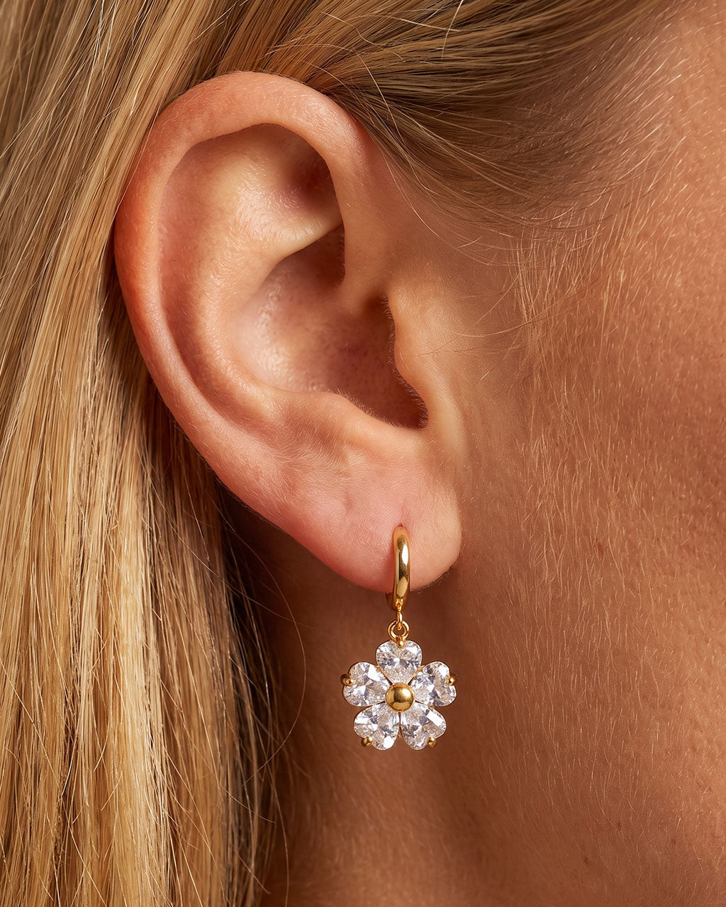 Heart Cut Stone Flower Huggie Waterproof Gold Earrings