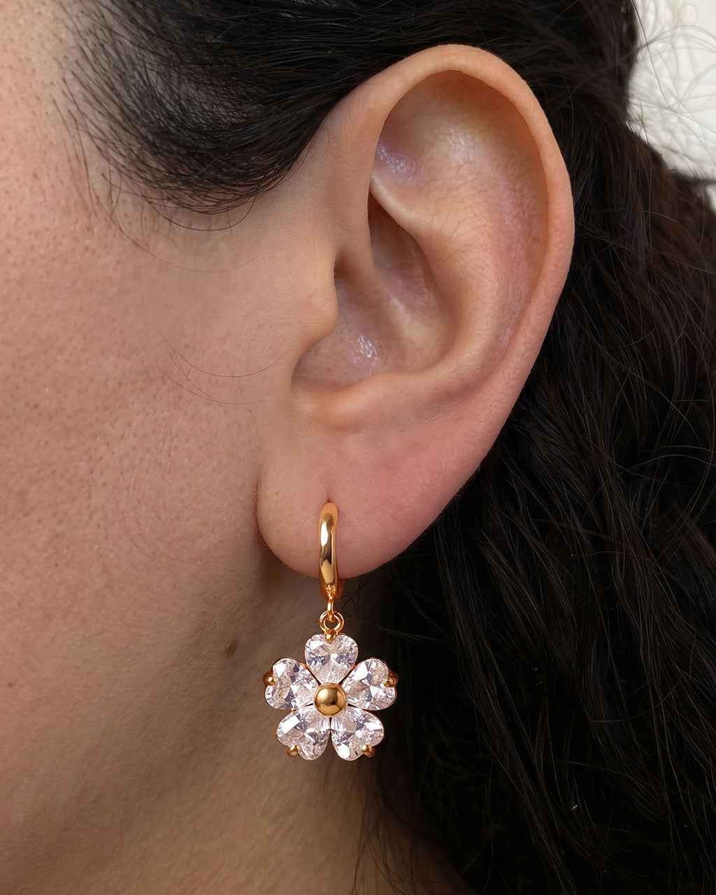 Heart Cut Stone Flower Huggie Waterproof Gold Earrings