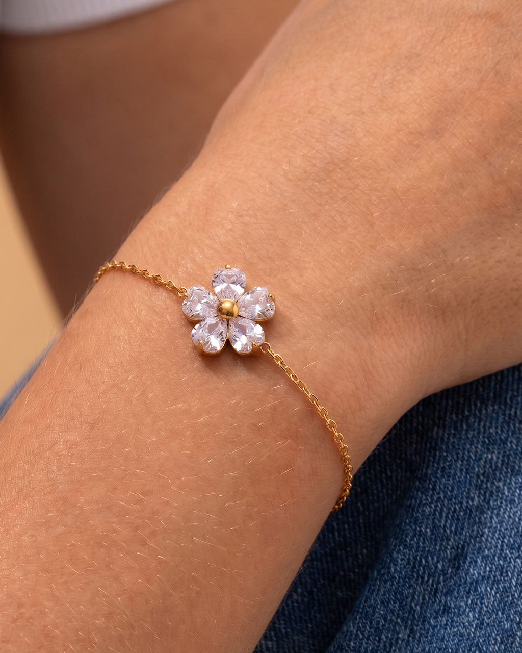 Heart Cut Stone Flower Waterproof Gold Bracelet