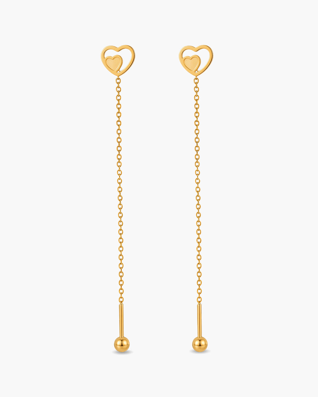 Heart Within a Heart Threader Waterproof Gold Earrings