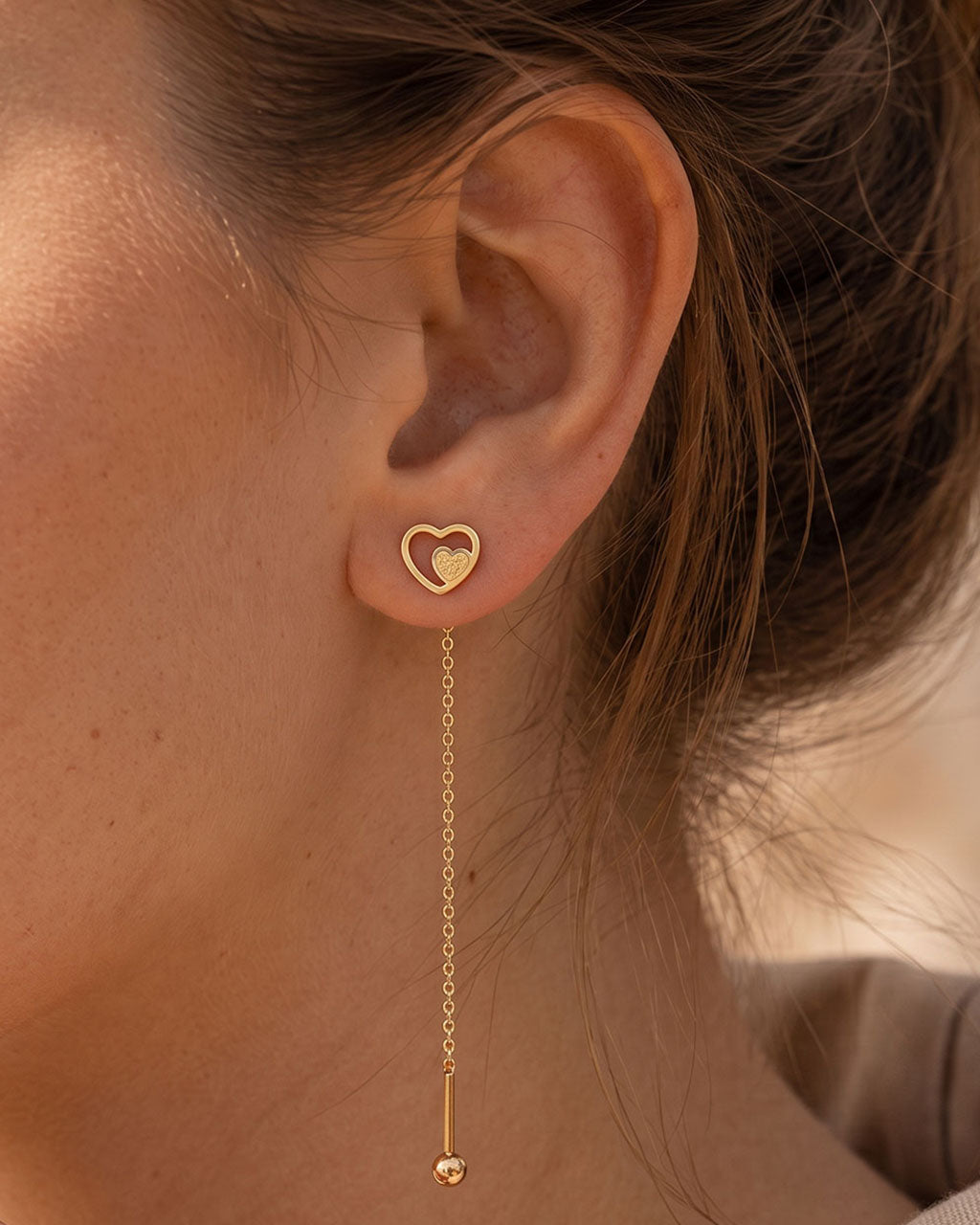 Heart Within a Heart Threader Waterproof Gold Earrings