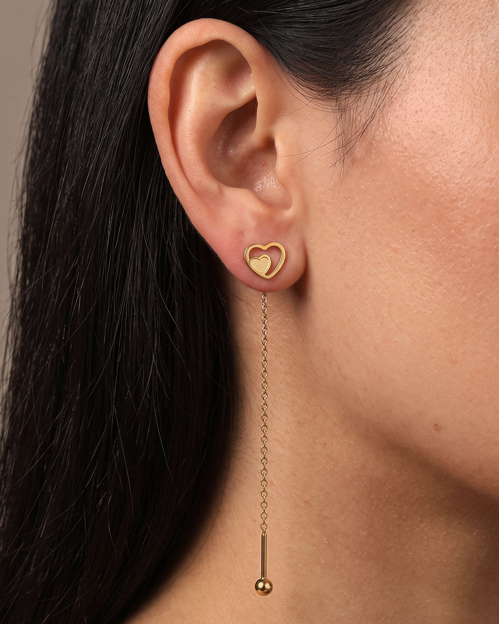 Heart Within a Heart Threader Waterproof Gold Earrings