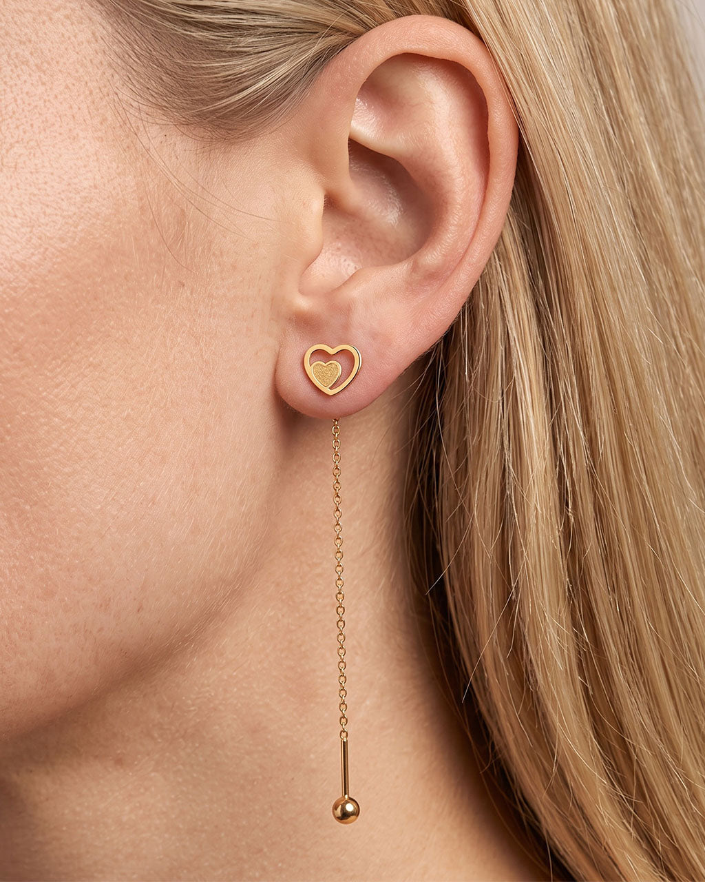 Heart Within a Heart Threader Waterproof Gold Earrings