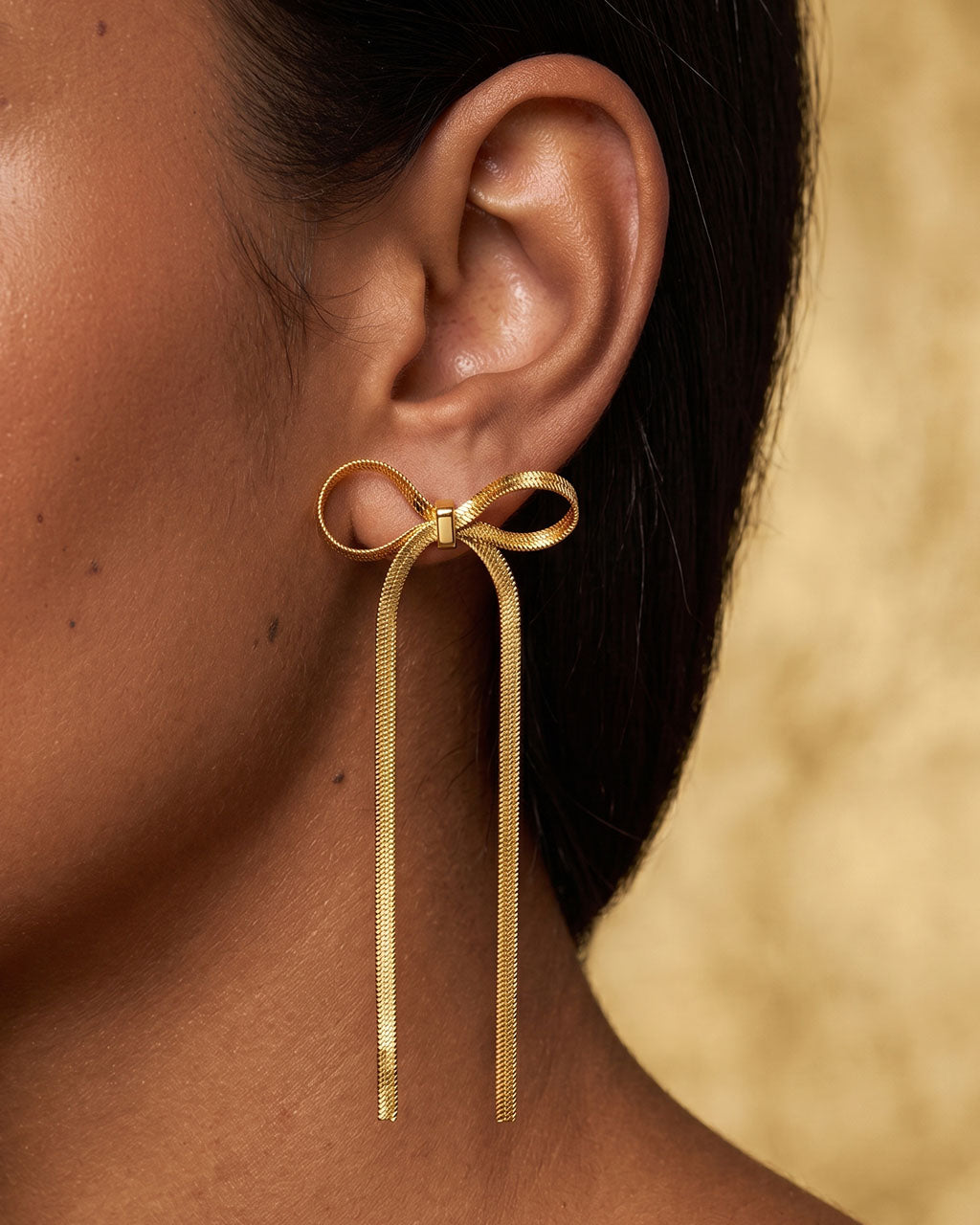Herringbone Bow Ribbon Stud Waterproof Gold Earrings
