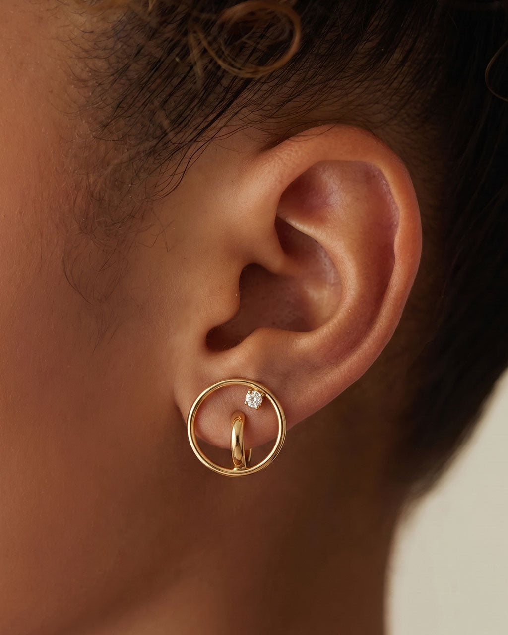 Illusion Double Hoop Solitaire Waterproof Gold Earrings