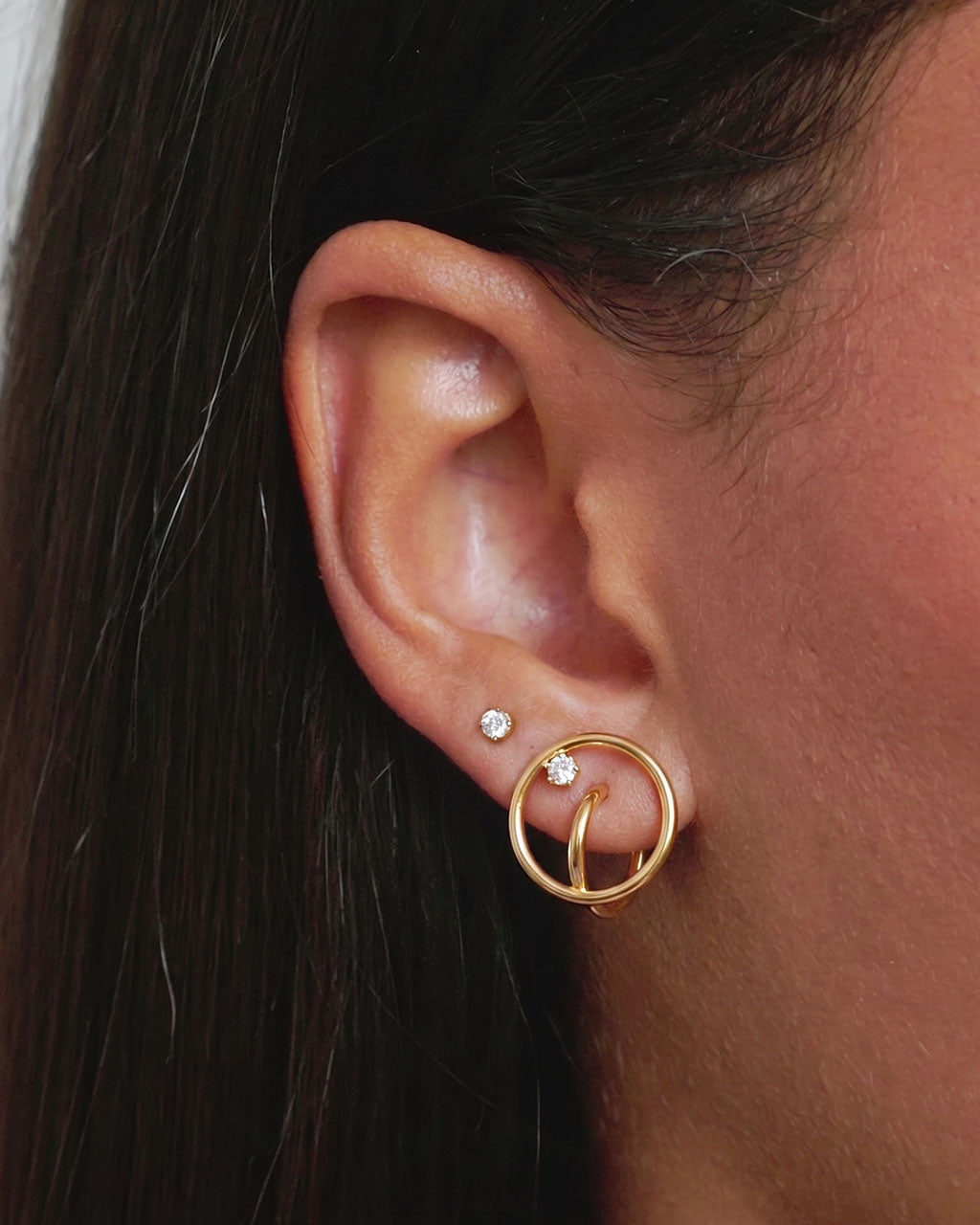 Illusion Double Hoop Solitaire Waterproof Gold Earrings