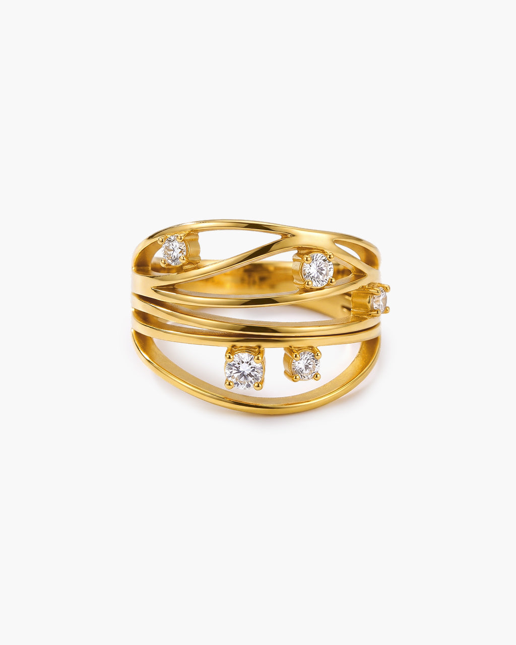 Illusion Five Stone Wavy Band Waterproof Gold Ring