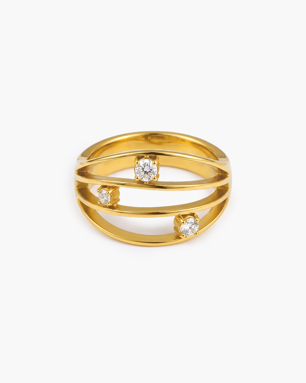 Illusion Three Stone Wavy Band Waterproof Gold Ring