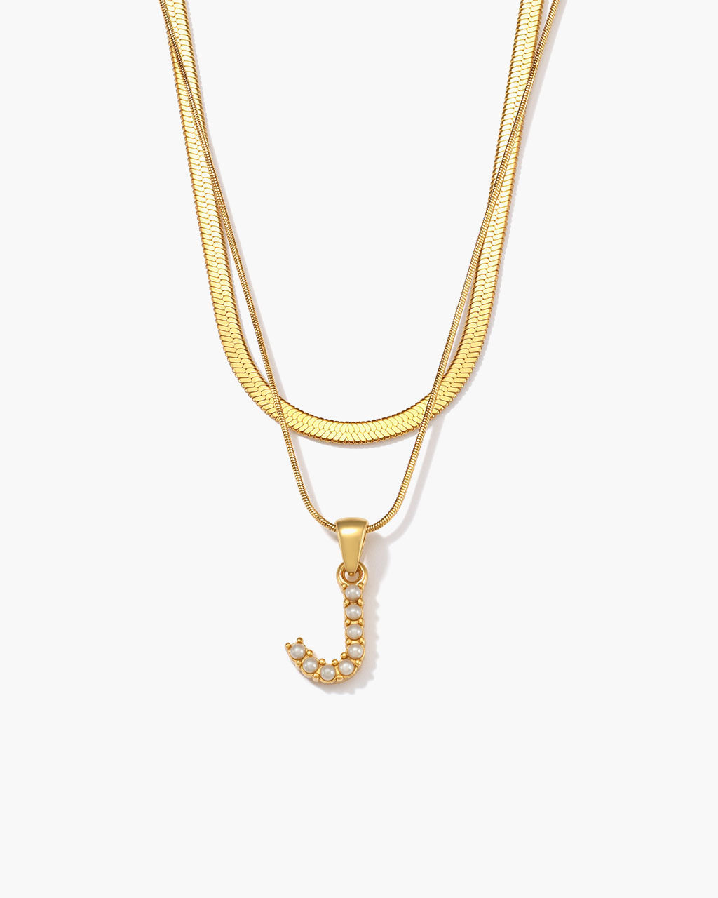 Initial Layered Herringbone Waterproof Gold Necklace