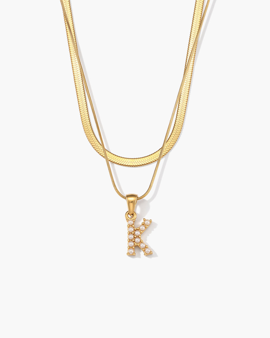 Initial Layered Herringbone Waterproof Gold Necklace