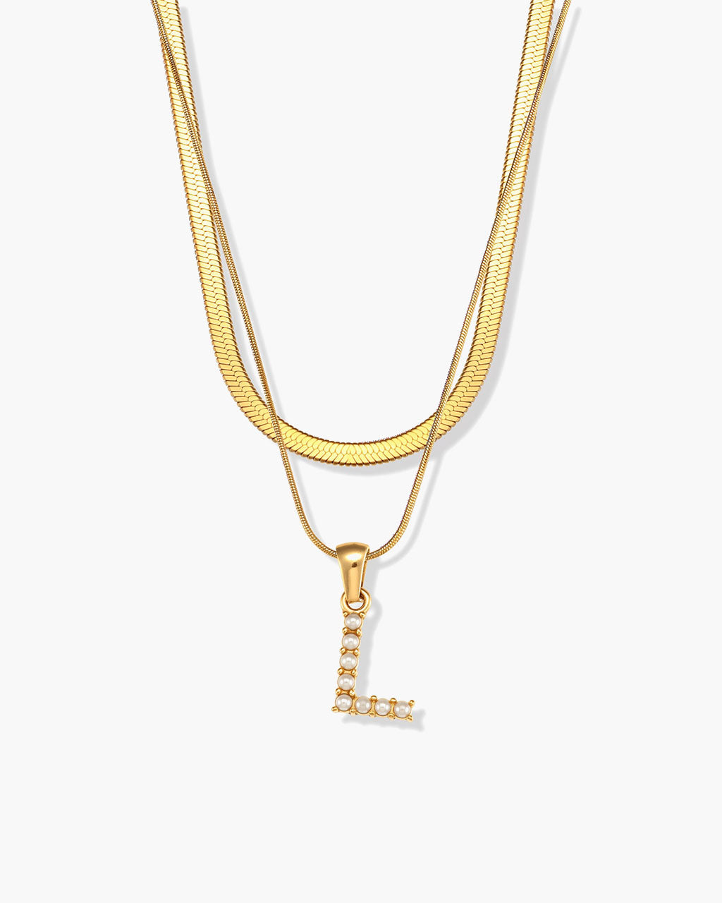Initial Layered Herringbone Waterproof Gold Necklace