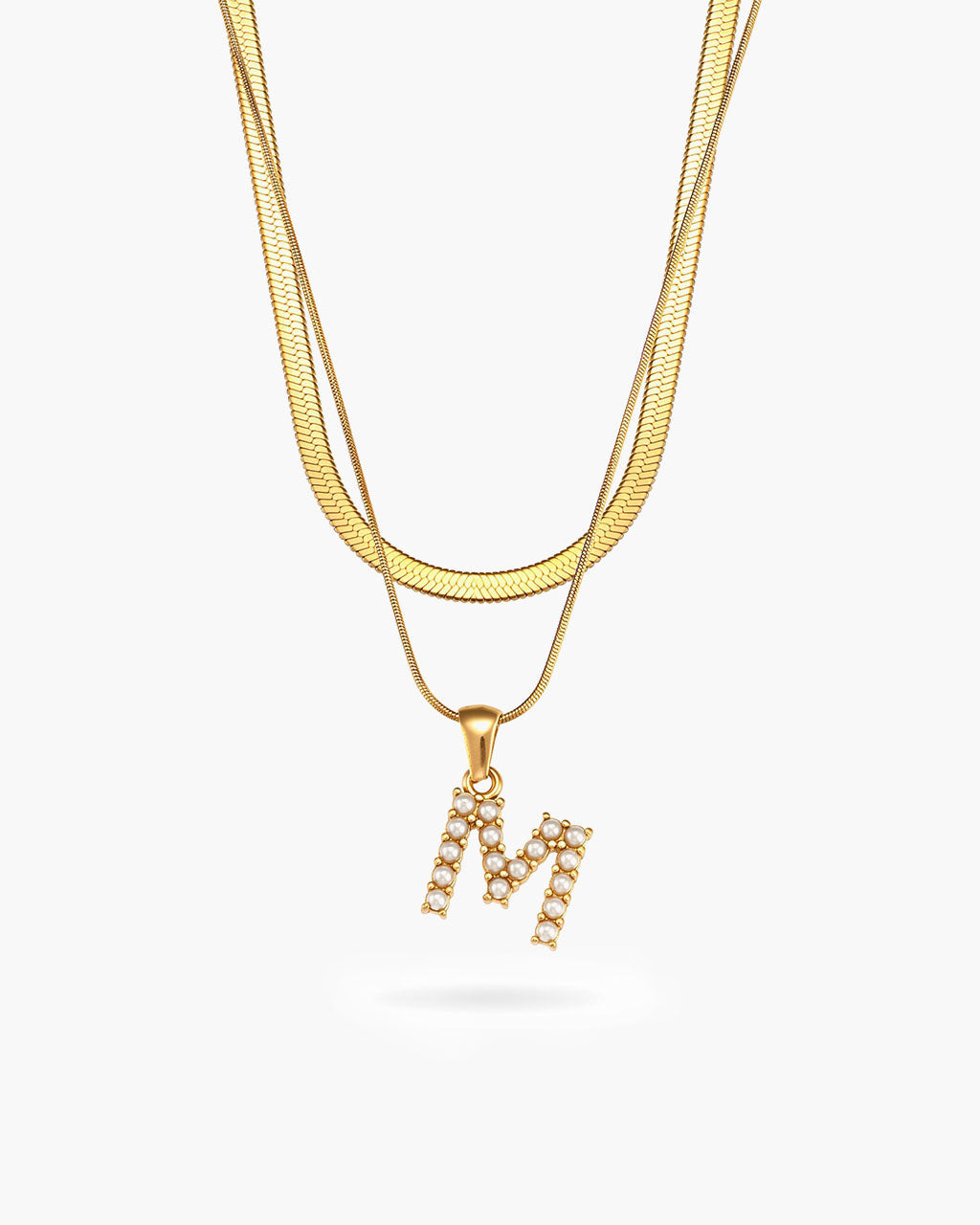 Initial Layered Herringbone Waterproof Gold Necklace