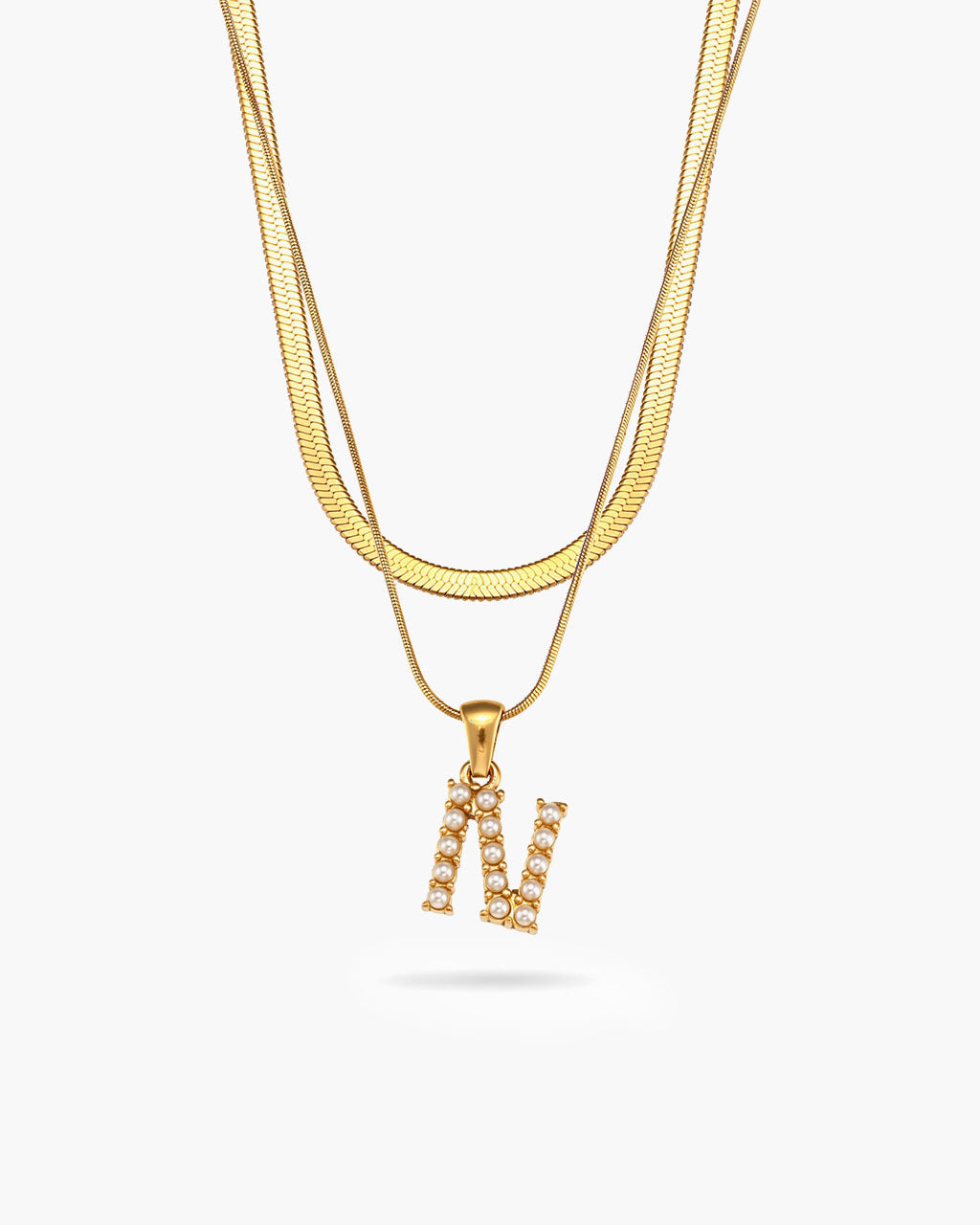 Initial Layered Herringbone Waterproof Gold Necklace