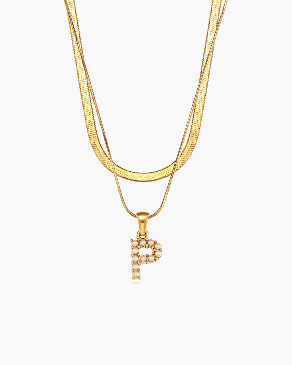 Initial Layered Herringbone Waterproof Gold Necklace