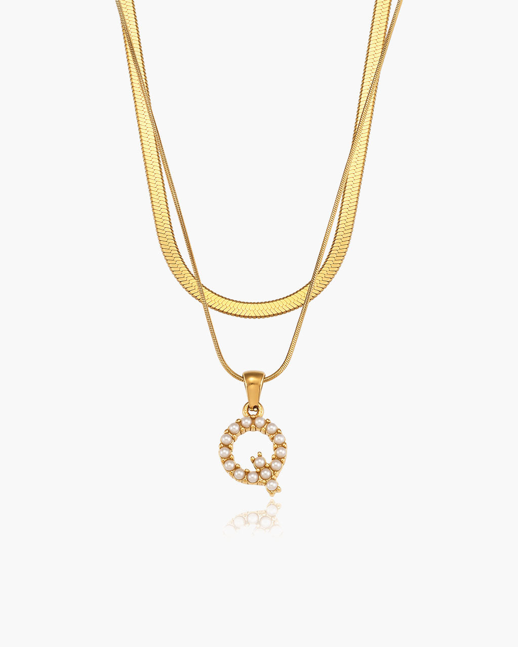 Initial Layered Herringbone Waterproof Gold Necklace