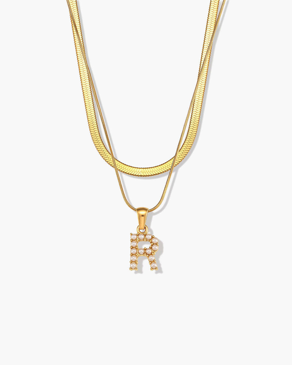 Initial Layered Herringbone Waterproof Gold Necklace