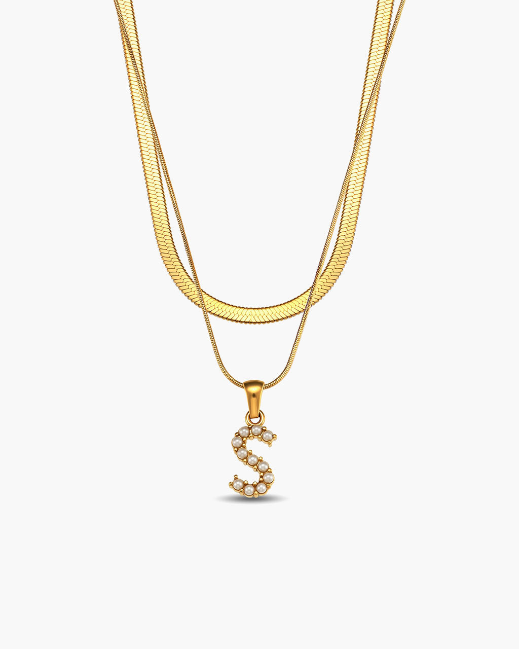 Initial Layered Herringbone Waterproof Gold Necklace