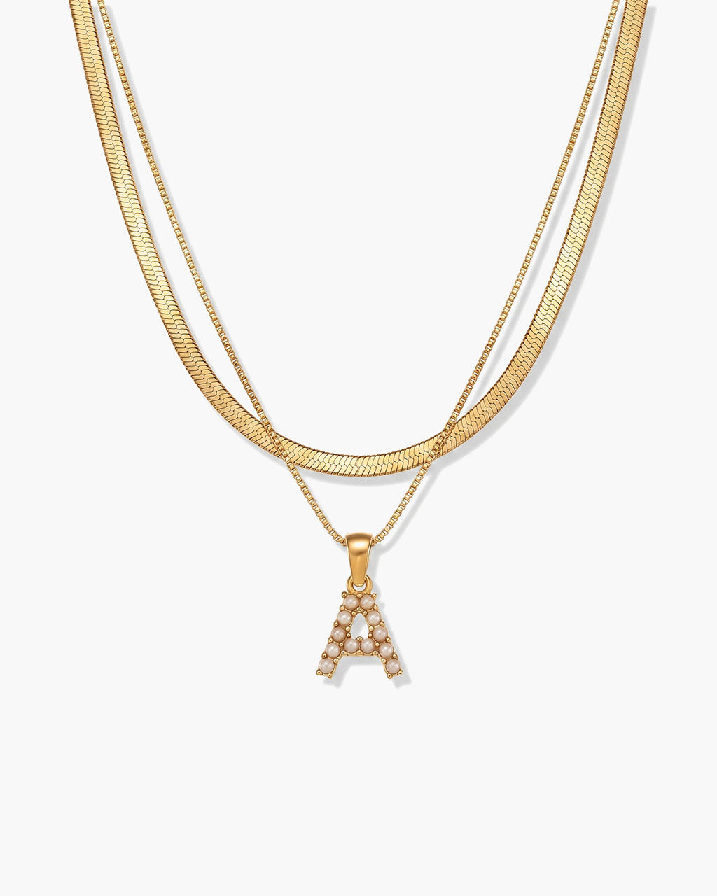 Initial Layered Herringbone Waterproof Gold Necklace