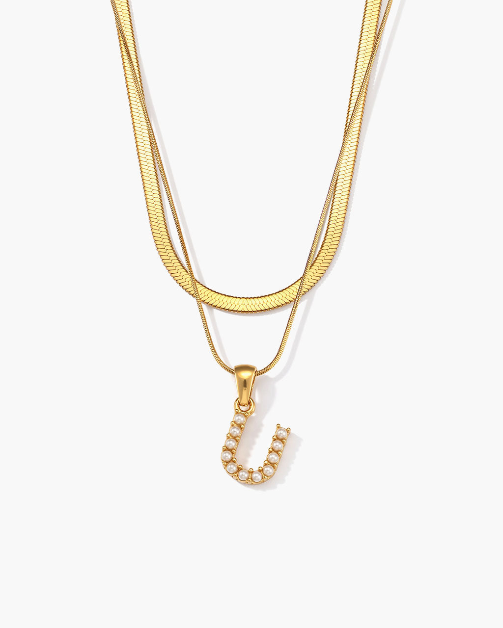 Initial Layered Herringbone Waterproof Gold Necklace