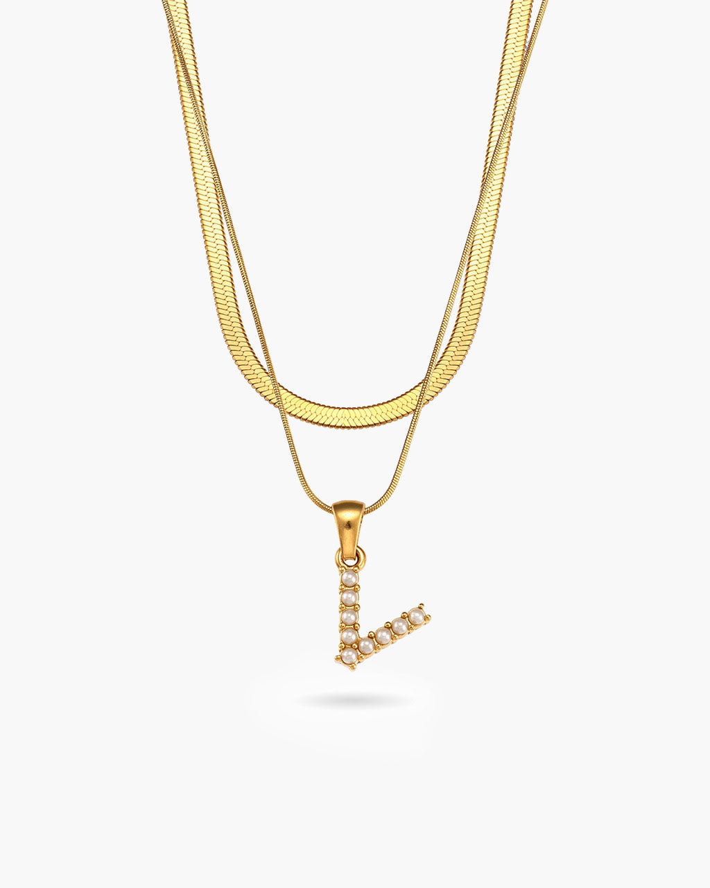 Initial Layered Herringbone Waterproof Gold Necklace