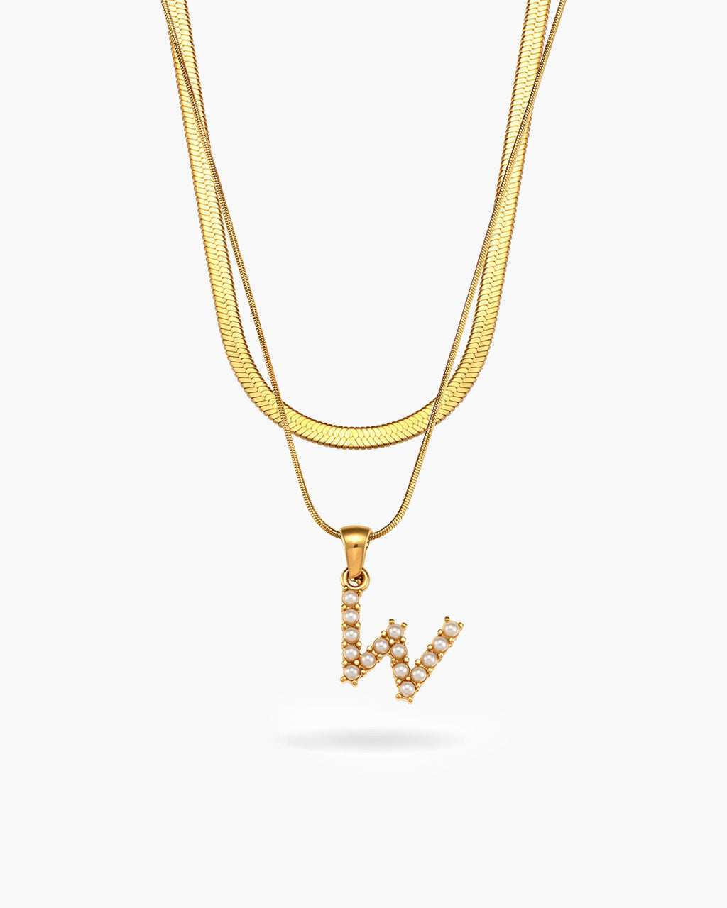 Initial Layered Herringbone Waterproof Gold Necklace