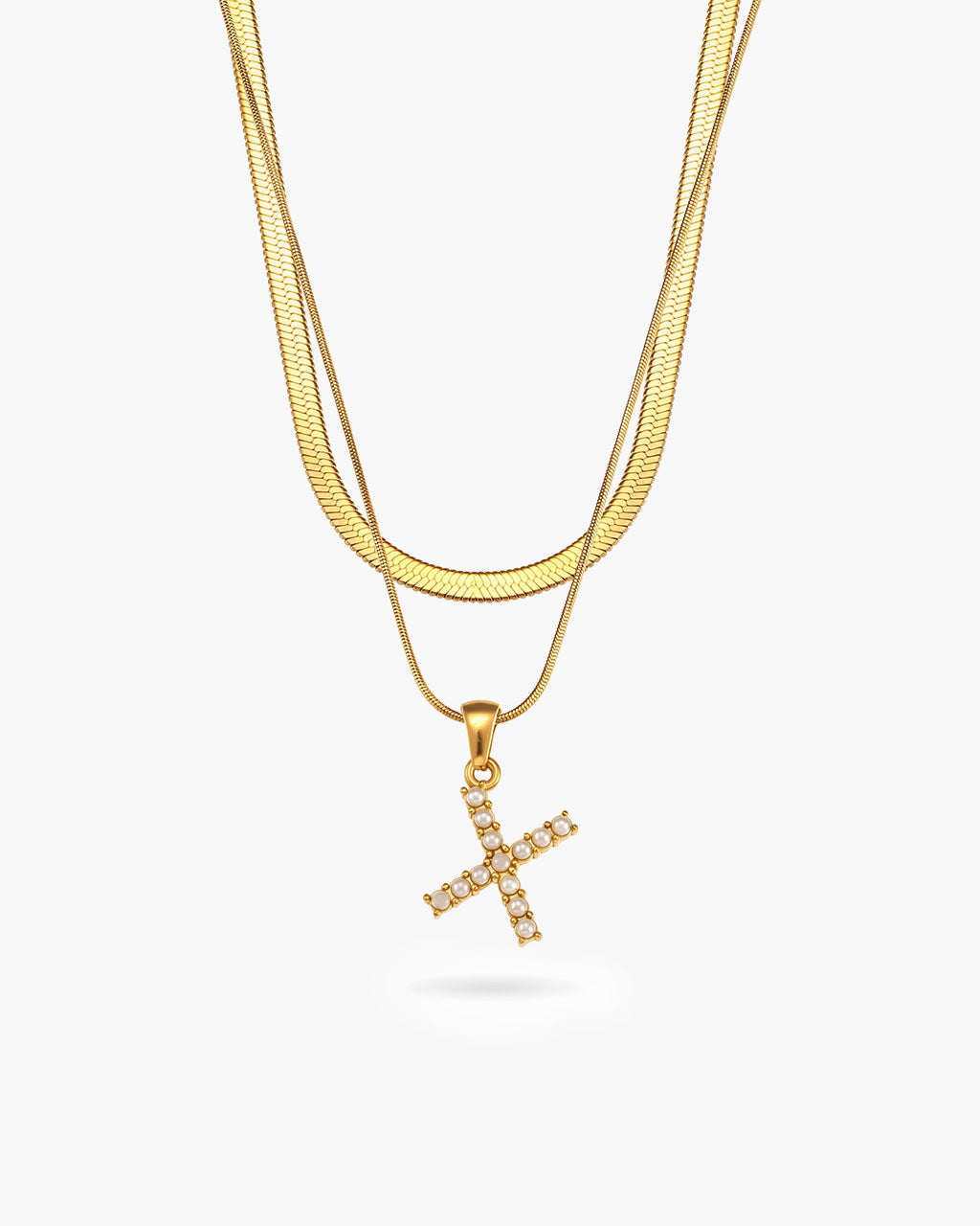 Initial Layered Herringbone Waterproof Gold Necklace