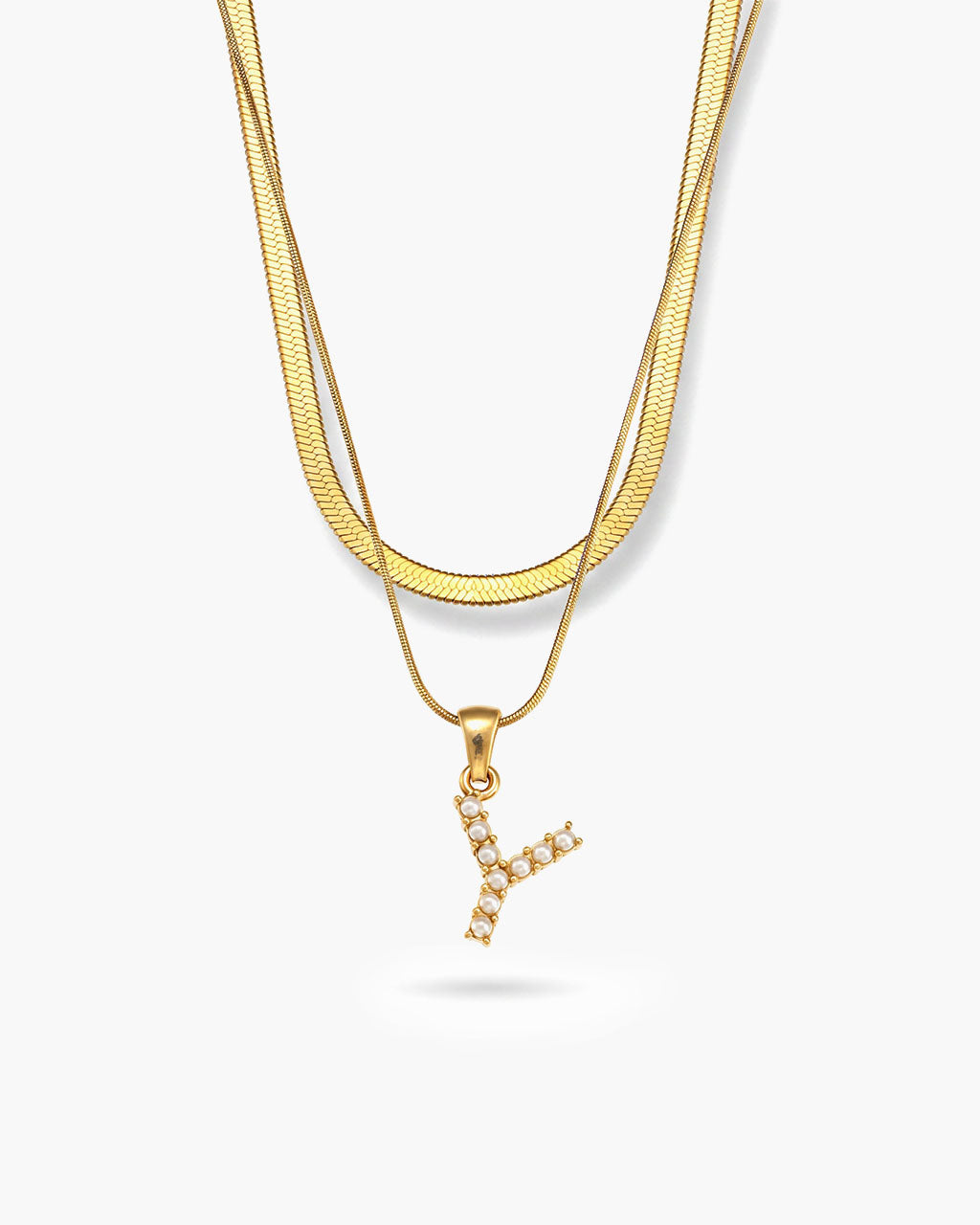 Initial Layered Herringbone Waterproof Gold Necklace