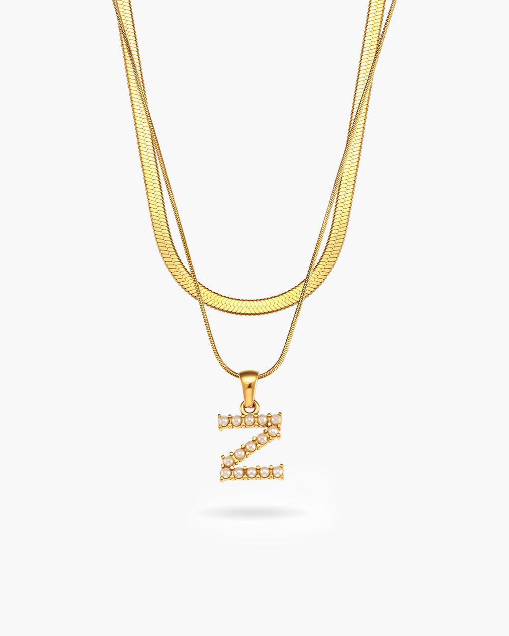 Initial Layered Herringbone Waterproof Gold Necklace