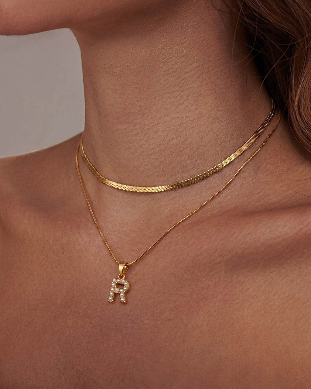Initial Layered Herringbone Waterproof Gold Necklace