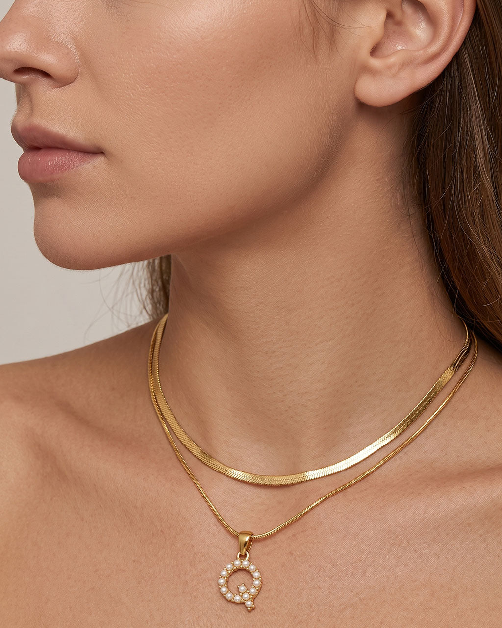 Initial Layered Herringbone Waterproof Gold Necklace