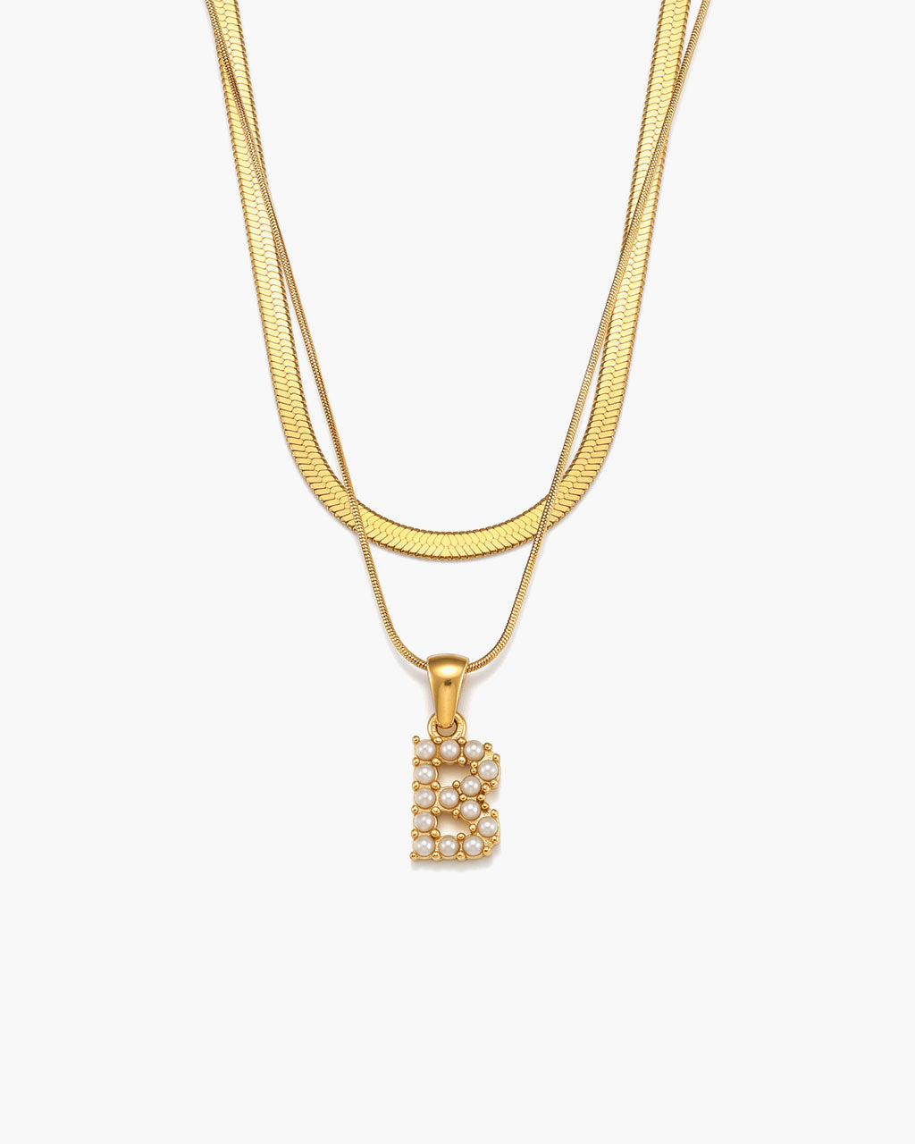 Initial Layered Herringbone Waterproof Gold Necklace
