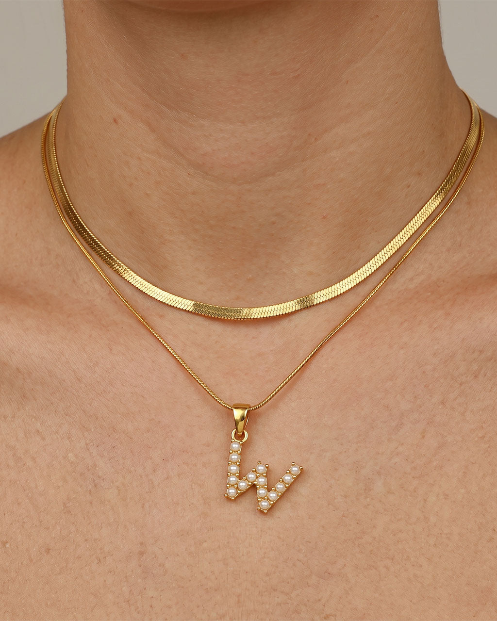 Initial Layered Herringbone Waterproof Gold Necklace