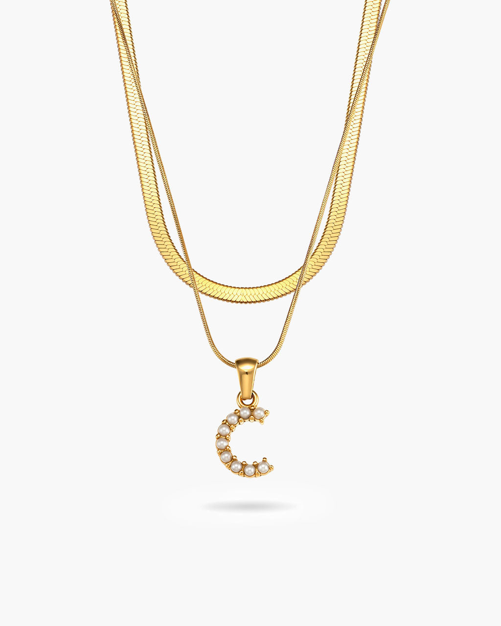 Initial Layered Herringbone Waterproof Gold Necklace
