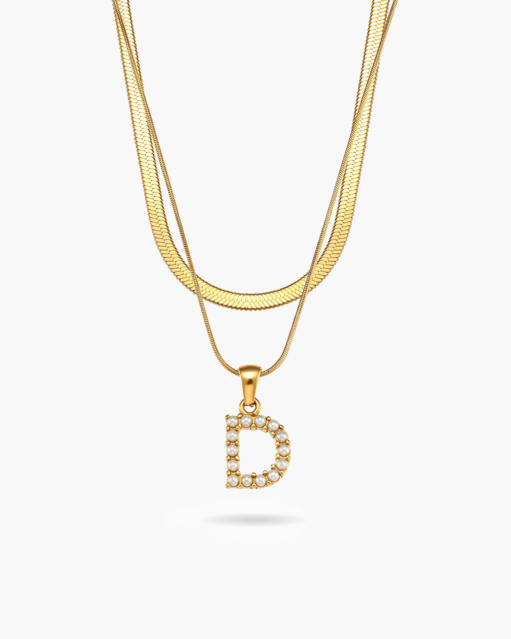 Initial Layered Herringbone Waterproof Gold Necklace