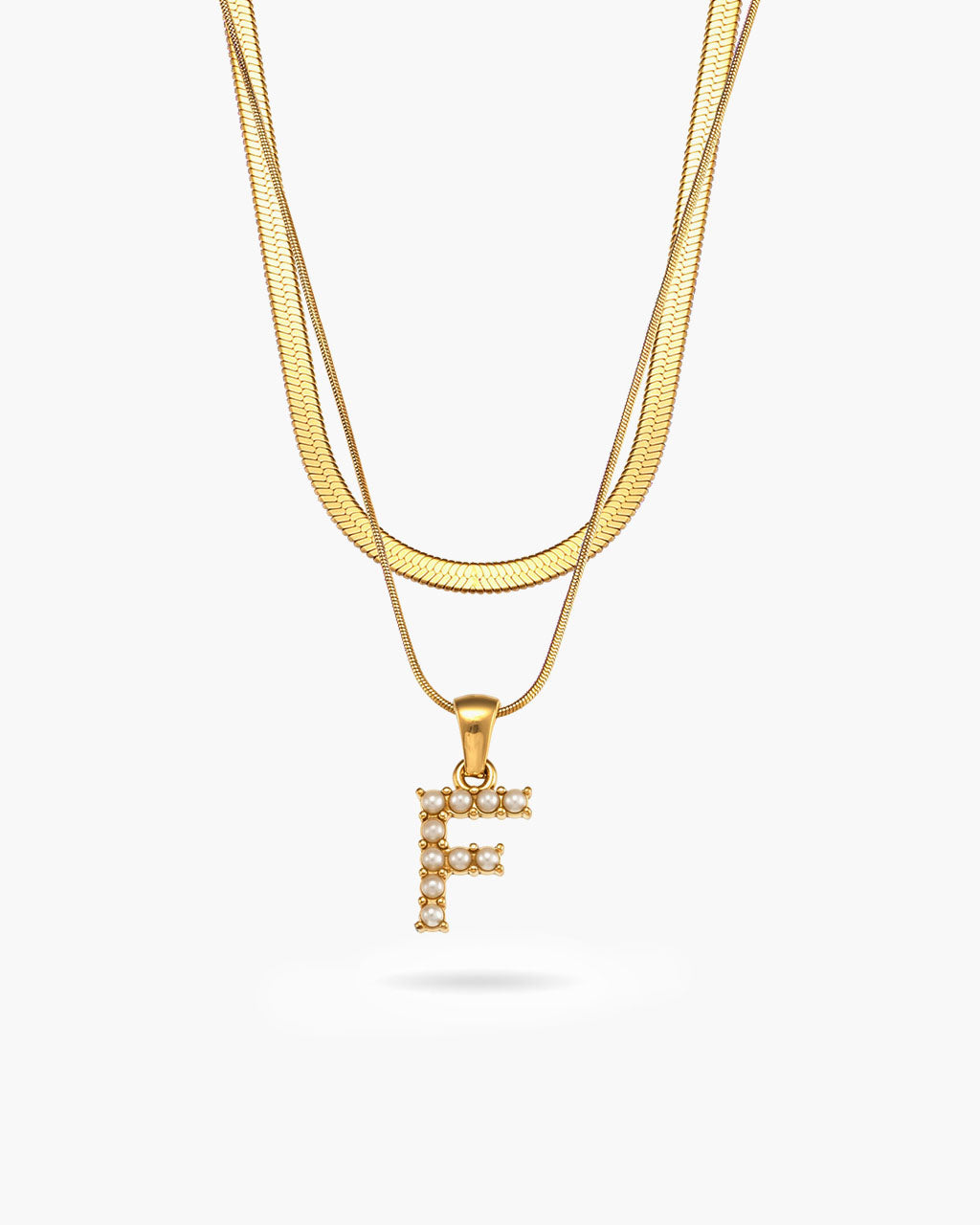 Initial Layered Herringbone Waterproof Gold Necklace