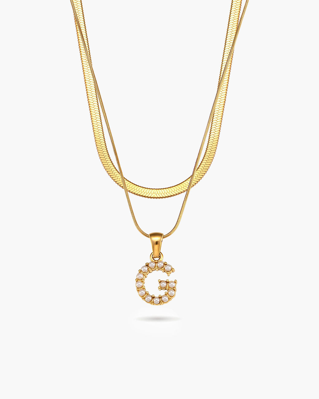 Initial Layered Herringbone Waterproof Gold Necklace