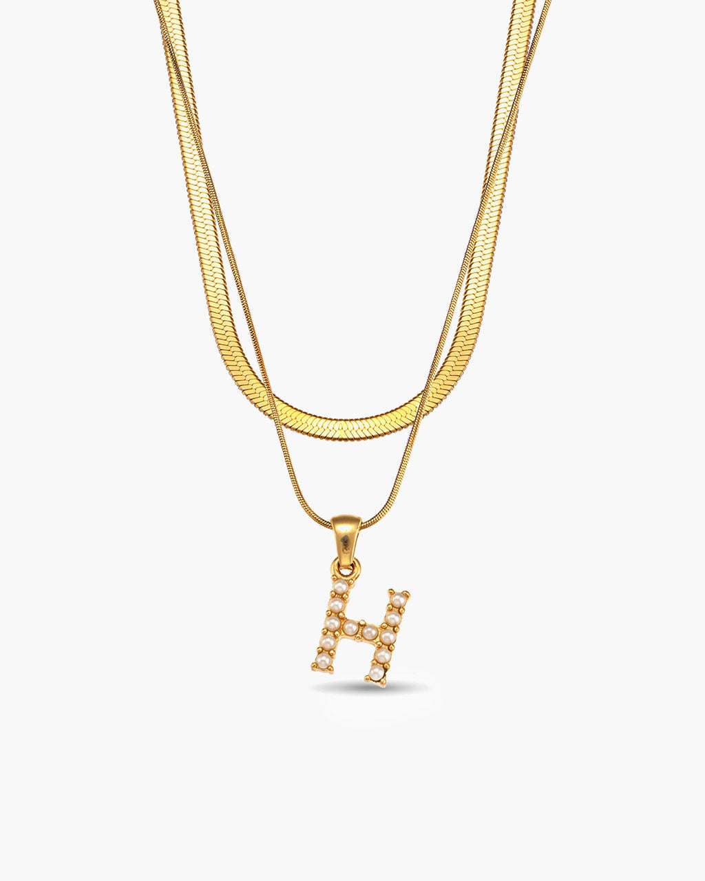 Initial Layered Herringbone Waterproof Gold Necklace