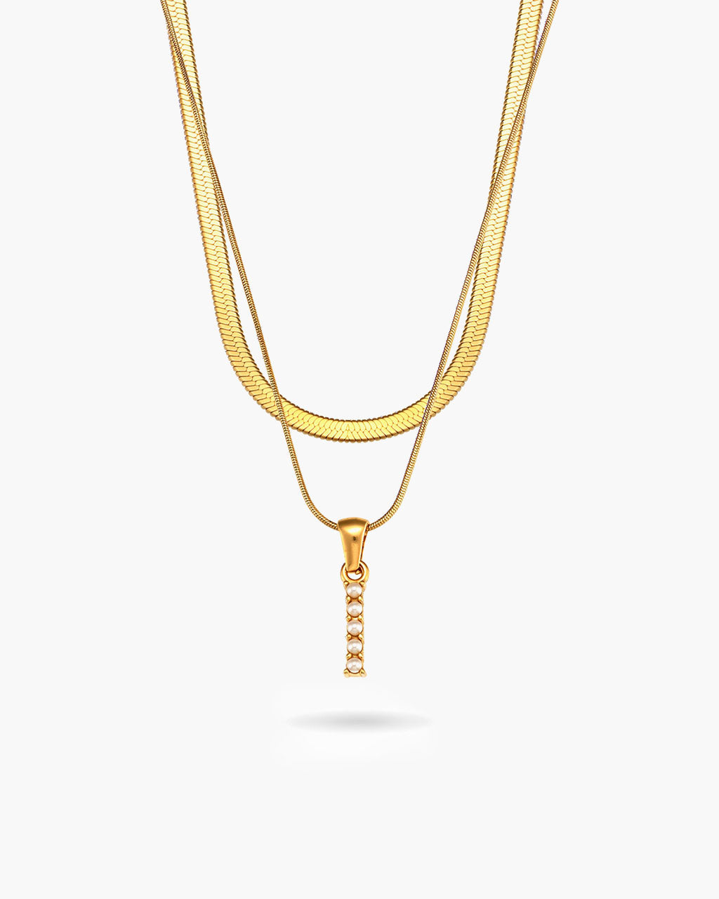Initial Layered Herringbone Waterproof Gold Necklace