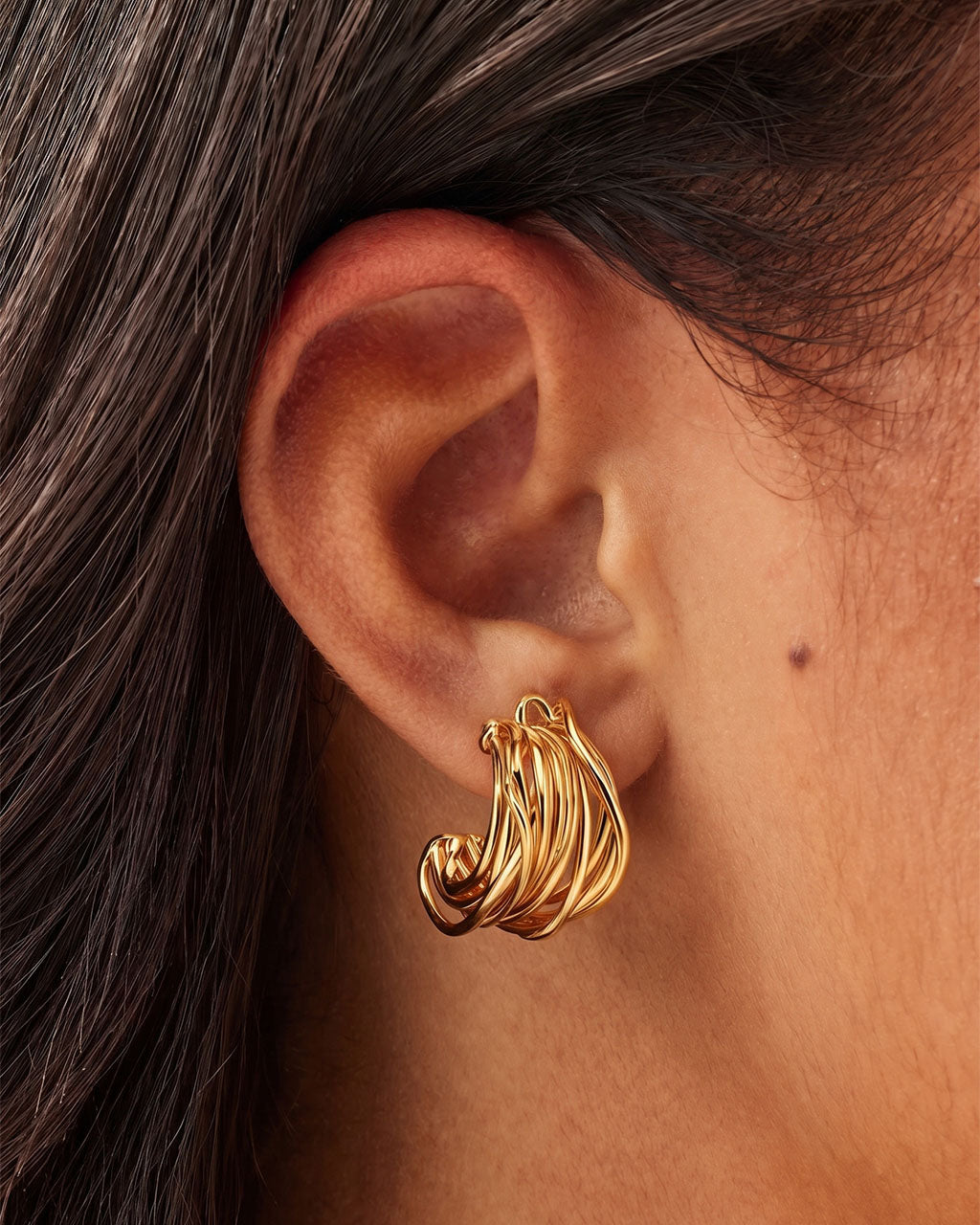 Intertwined Multi Row C Hoop Waterproof Gold Earrings