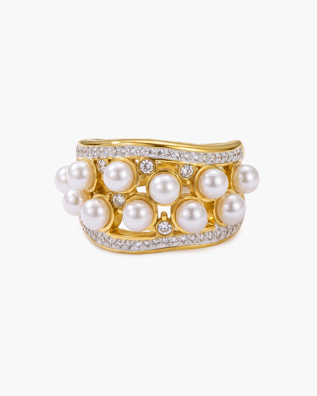 Lavish Pavé Pearl Crown Statement Waterproof Gold Ring