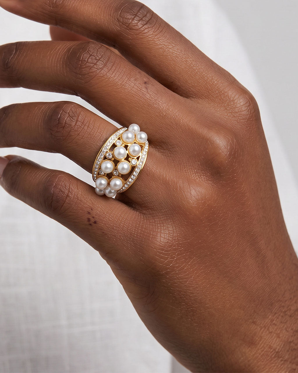 Lavish Pavé Pearl Crown Statement Waterproof Gold Ring